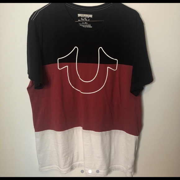 red black and white true religion shirt